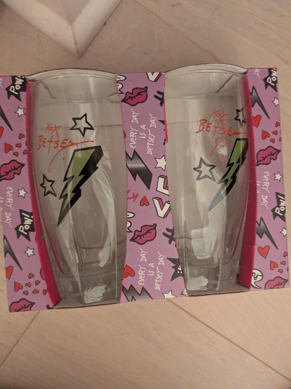 Betsey Johnson Set Of 2 Highball Women’s Pink Graphic Glasses